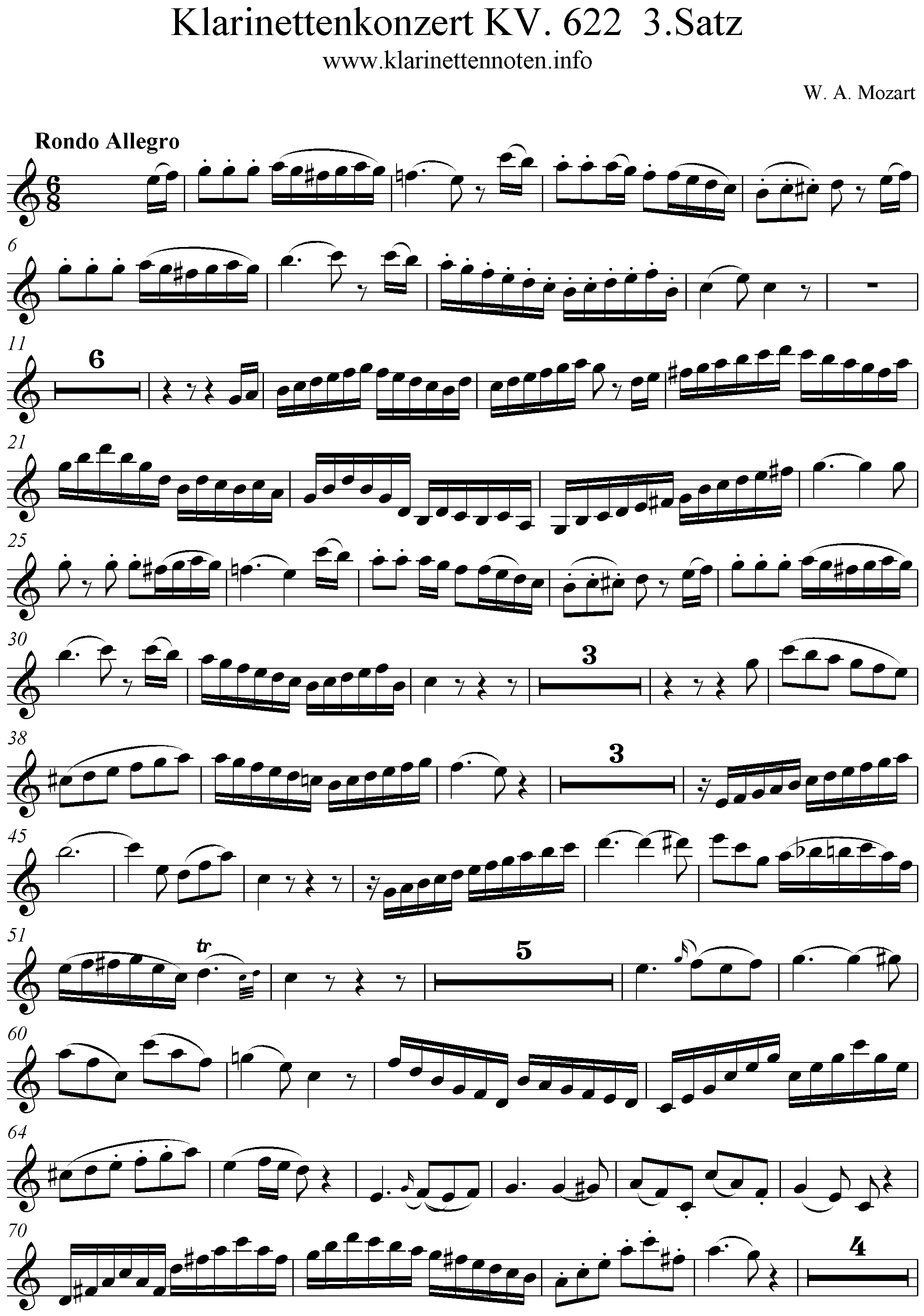 Mozart Klarinettenkonzert Klarinettenstimme 3. Satz Rondo